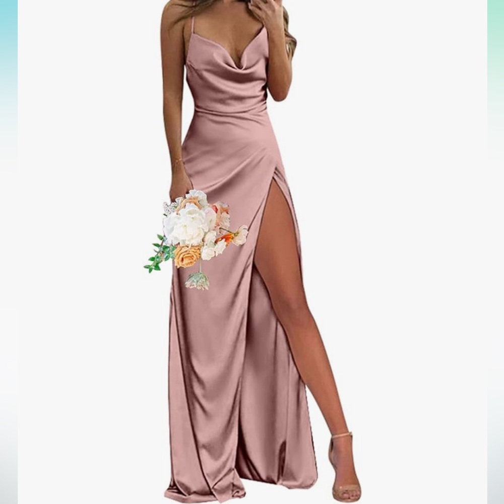 Cowl Neck Metallic Satin Bridesmaid Dresses Mermaid Long Prom Party Gown Slit